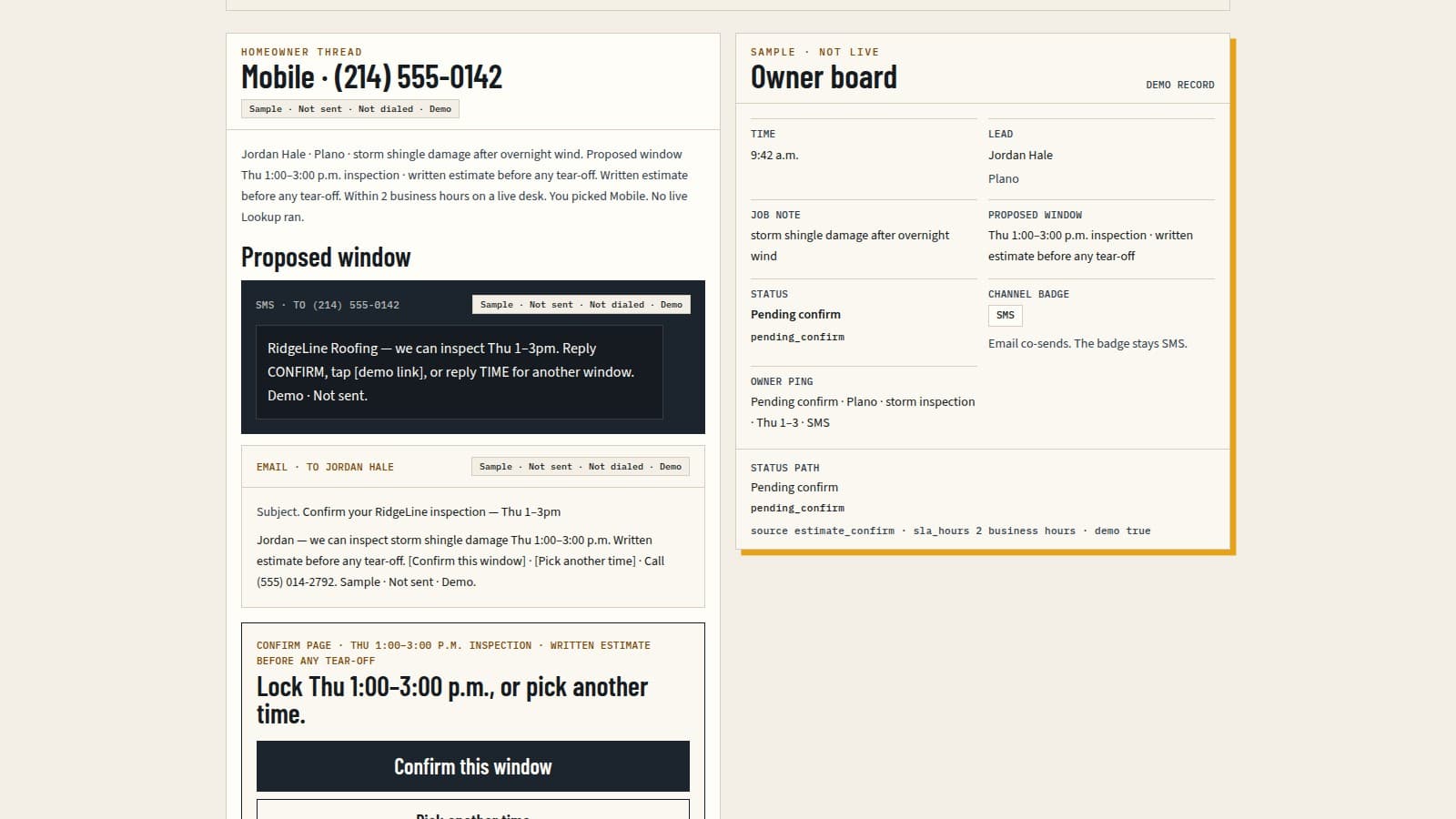 Estimate→confirm (RidgeLine) live website preview
