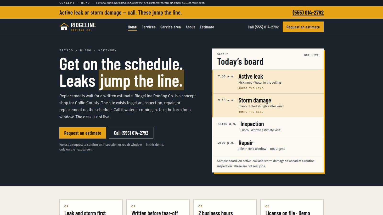RidgeLine Roofing Co. website screenshot