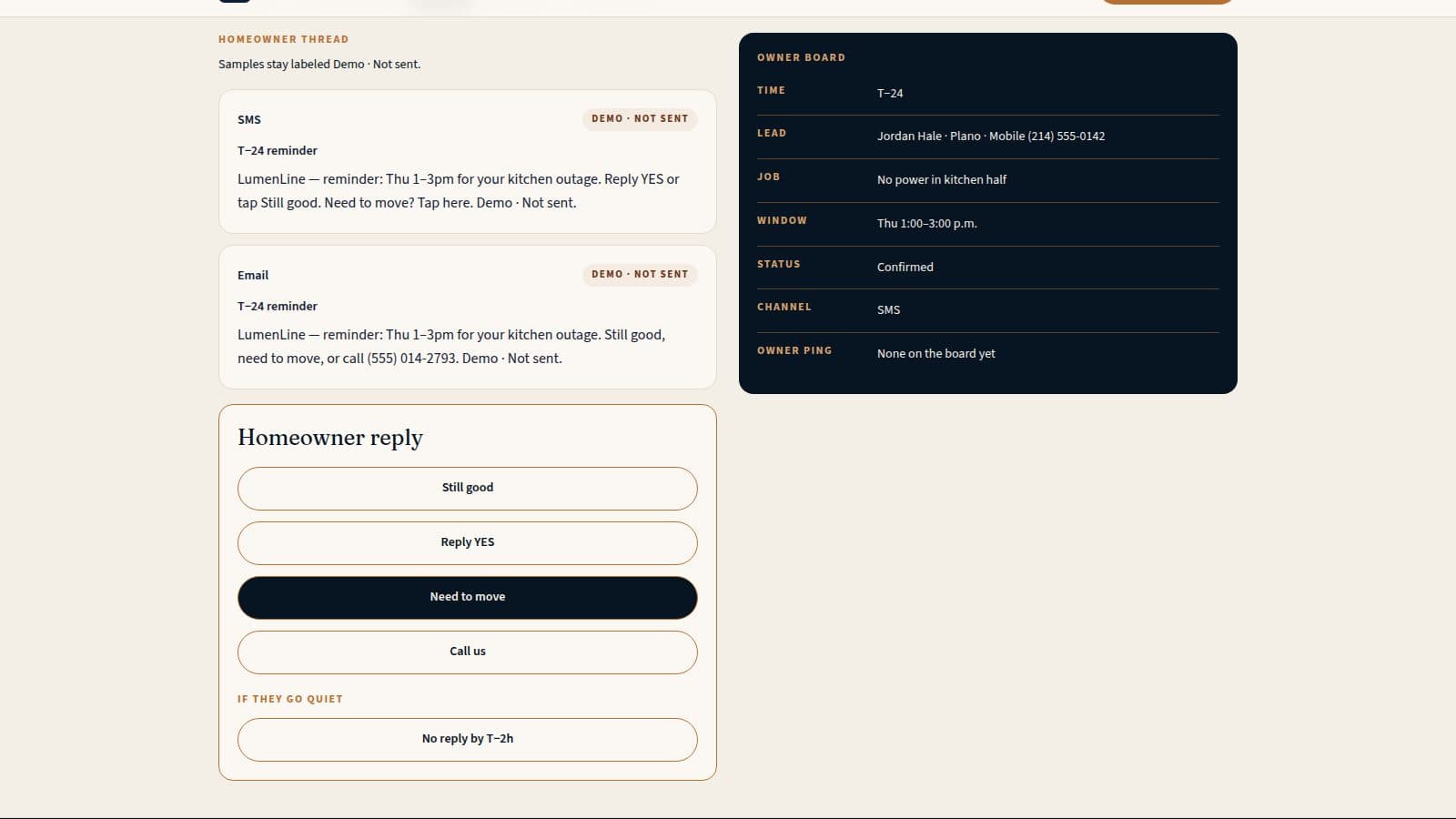No-show nudge (LumenLine) live website preview