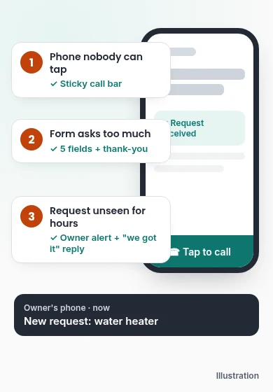 Illustration of a shop website and phone with three leaks marked and fixed: a tap-to-call button and sticky call bar, a shorter 5-field request form with a thank-you message, and an alert to the owner's phone.